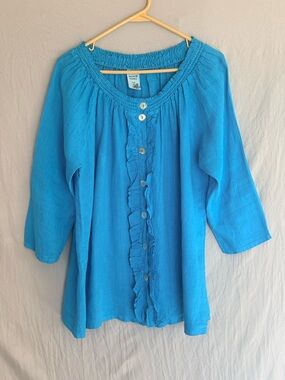 Vintage Match Point 100% Linen USA MADE Smocked Neck Ruffle-Front Button Top